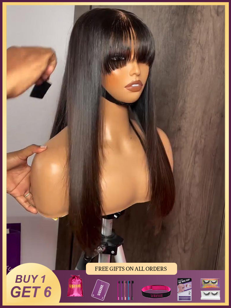 Wigcool Air Bang Straight Hair Black With Ombre Brown Wig 9x6 Pre Cut/13x4 HD Lace Frontal 100% Real Human Hair Wig