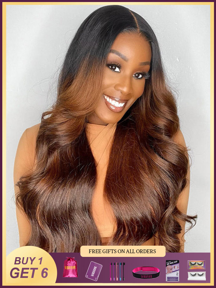 WigCool Honey Blonde Body Wave 13x4 Swiss HD Lace Frontal Wig Ombre Hair Color Real Human Hair Wigs