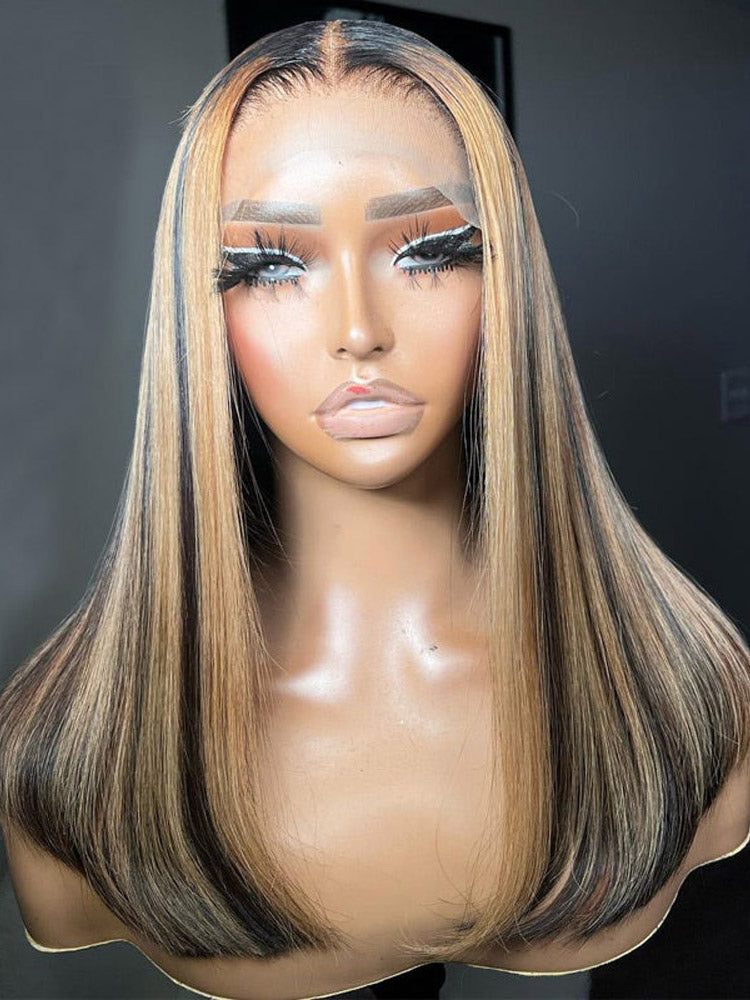 Honey Blonde Highlight Bob Wig 13x4 HD Lace Frontal Wig Straight Human Hair Pre Plucked For Women