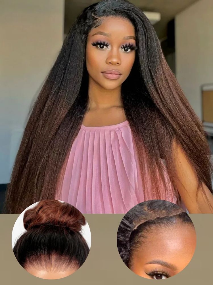 [Upgrade 360] Brown Ombre Yaki Straight Wigs Invisi Strap 360 Lace Frontal Wig Glueless Human Hair Wigs